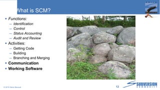 What is SCM? Functions: Identification Control Status Accounting Audit and Review Activities: Getting Code Building Branching and Merging Communication Working Software © 2010 Steve Berczuk  