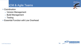 SCM & Agile Teams Coordination Version Management Build Management Testing Essential Function with Low Overhead © 2010 Steve Berczuk  