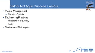 Distributed Agile Success Factors Project Management Shorter Sprints Engineering Practices Integrate Frequently Test Review and Retrospect © 2010 Steve Berczuk  