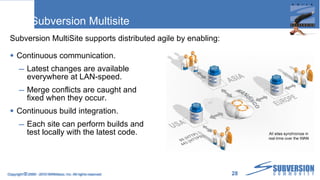 Subversion Multisite Continuous communication. Latest changes are available everywhere at LAN-speed. Merge conflicts are caught and fixed when they occur. Continuous build integration. Each site can perform builds and test locally with the latest code. Copyright  ©  2009 - 2010 WANdisco, Inc. All rights reserved. Subversion MultiSite supports distributed agile by enabling: 