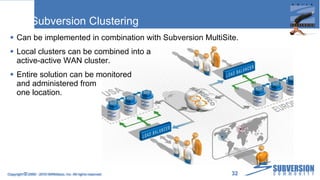 Subversion Clustering Can be implemented in combination with Subversion MultiSite. Local clusters can be combined into a active-active WAN cluster. Entire solution can be monitored and administered from one location. Copyright  ©  2009 - 2010 WANdisco, Inc. All rights reserved. 