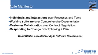 Agile Manifesto Individuals and Interactions  over Processes and Tools Working software  over Comprehensive Documentation Customer Collaboration  over  Contract Negotiation Responding to Change   over  Following a Plan Good SCM is essential for Agile Software Development © 2010 Steve Berczuk  