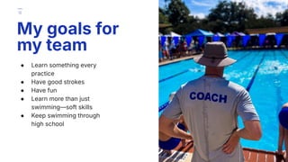 My goals for
my team
12
● Learn something every
practice
● Have good strokes
● Have fun
● Learn more than just
swimming—soft skills
● Keep swimming through
high school
 