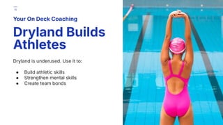 Dryland is underused. Use it to:
● Build athletic skills
● Strengthen mental skills
● Create team bonds
Your On Deck Coaching
Dryland Builds
Athletes
19
 