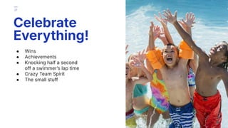 ● Wins
● Achievements
● Knocking half a second
off a swimmerʼs lap time
● Crazy Team Spirit
● The small stuff
Celebrate
Everything!
27
 