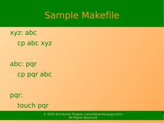 Sample Makefile
xyz: abc
  cp abc xyz


abc: pqr
  cp pqr abc


pqr:
  touch pqr
           © 2010 Anil Kumar Pugalia <email@sarika-pugs.com>   6
                          All Rights Reserved.
 