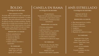 Boldo canela en rama anís estrellado
Un poquito de historia Un poquito de historia Un poquito de historia
Árbol originario en Chile.
En el año 1869, un pastor de ovejas, se percató que
su rebaño estaba afectado por un parásito: "La duela
del hígado". Este tenía elaborado un cercado a base
de ramas de un árbol con hojas aromáticas. Decidió
guardar ahí a su rebaño hasta encontrar solución. Al
pasar los días su rebaño mejoro gracias a los aromas
de las ramas y hojas del árbol. El cual se lo llamo
Baltasar Manuel Boldo como el pastor.
beneficios a la salud:
Su consumo:
Efectos antiinflamtorios.
Favorece la digestión.
Aumenta las defensas.
Reduce migrañas.
Reduce dolores musculares y
menstruales.
En infusión: 2.5 g cada
250ml. Agua a 95° dejar
reposar de 3 a 5 minutos.
El superalimento.
Origén: Sri Lanka del árbol Cinnamomum
Zeylanicum, se aprovecha la corteza
interna pelando y frotando las ramas
manualmente.
beneficios a la salud:
Su consumo:
Previene enfermedades.
Activa el cerebro.
Muy buena para la tos y el resfrío.
Ayuda a dietas para adelgaza.
Ayuda el sistema respiratorio.
Calma dolores menstruales,
Regulador de la glucosa en sangre.


En infusión sola, 2.5g cada 150ml.
Se la recomienda antes de las
comidas.
Molida en el café.
Brinda un sabor dulzón y agradable.
Originario del Sur de
China, Corea y Japón,


beneficios a la salud:
Muy bueno para la tos y resfríos.
Favorece la digestión.
Protege de infecciones.
Analgésico.
Antiinflamatorio.
Regulador de la glucosa en sangre.


Su consumo:
En Infusión: 0.5g a 1g por
150ml. Dejar reposar 5 a 8
minutos. Tomar hasta 2 tazas
diarias.
A través de sus cualidades
culinarias.
Se puede combinar con otras
infusiones.
 
