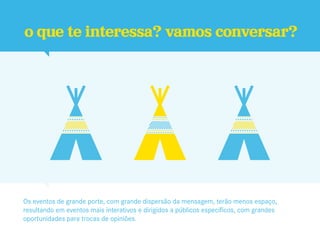 o que te interessa? vamos conversar?




Os eventos de grande porte, com grande dispersão da mensagem, terão menos espaço,
resultando em eventos mais interativos e dirigidos a públicos específicos, com grandes
oportunidades para trocas de opiniões.
 