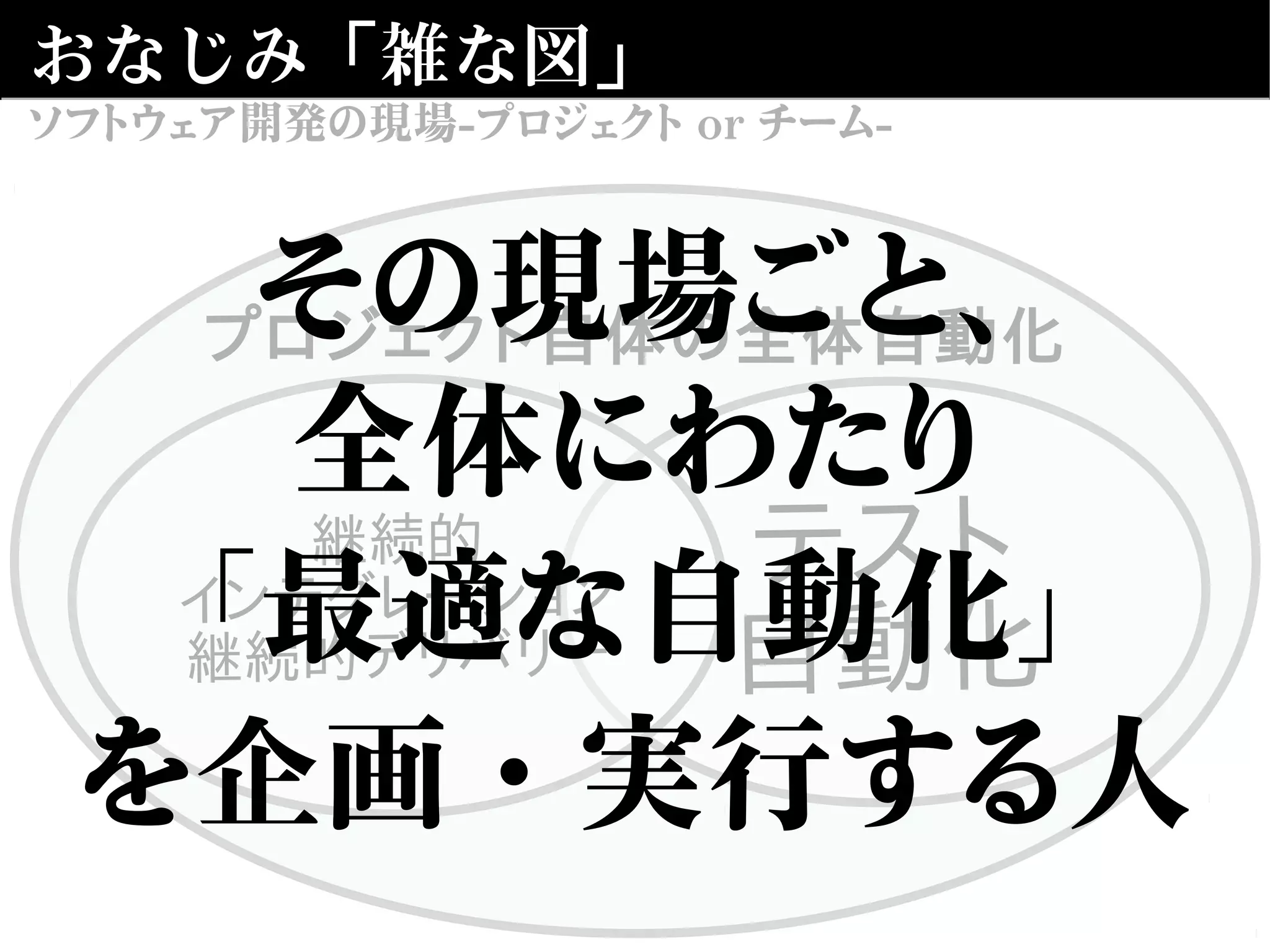 プロジェクト自体の全体自動化
おなじみ「雑な図」
テスト
自動化
ソフトウェア開発の現場-プロジェクト or チーム-
その現場ごと、
全体にわたり
「最適な自動化」
を企画・実行する人
 