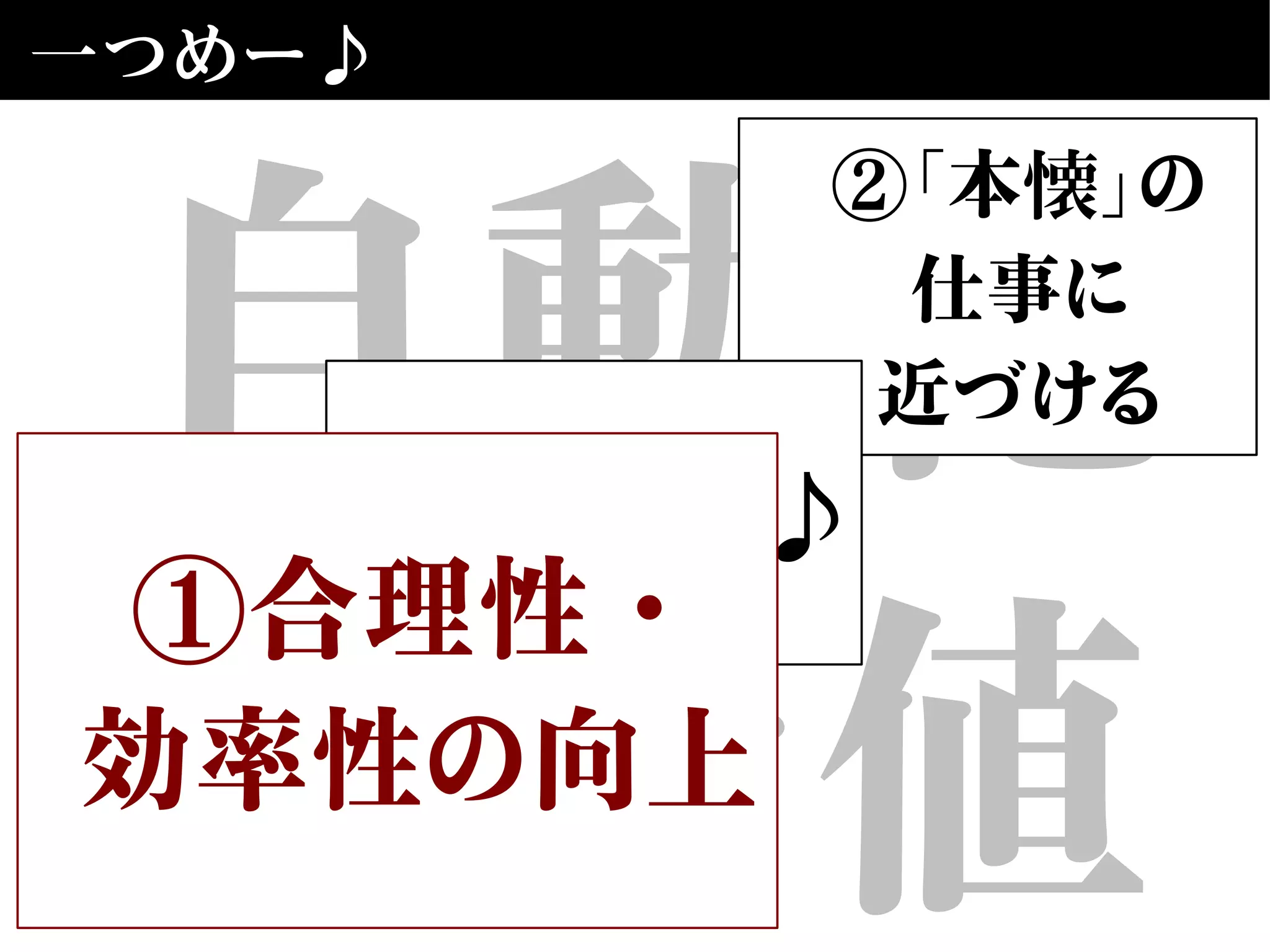 自動化
の価値
一つめー♪
②「本懐」の
仕事に
近づける
③楽しい♪
①合理性・
効率性の向上
 