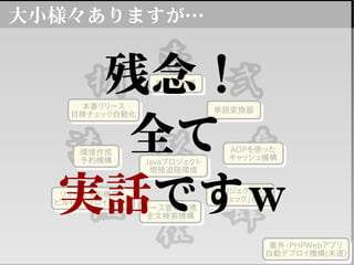 大小様々ありますが…
勤怠転記機勤怠転記機
単語変換器単語変換器
AOPを使った
キャッシュ機構
AOPを使った
キャッシュ機構
「プロジェクト独自
のチェック」機構
「プロジェクト独自
のチェック」機構
ソース管理連携
全文検索機構
ソース管理連携
全文検索機構
Javaプロジェクト
増殖追随環境
Javaプロジェクト
増殖追随環境
リリース予約機構＋
ビルド・デプロイ自動化
リリース予約機構＋
ビルド・デプロイ自動化
本番リリース
目検チェック自動化
本番リリース
目検チェック自動化
環境作成
予約機構
環境作成
予約機構
番外：PHPWebアプリ
自動デプロイ機構(未遂)
番外：PHPWebアプリ
自動デプロイ機構(未遂)
残念！
全て
実話ですｗ
 