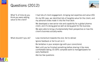 Questions (2012)
4
What % of time do you
think you were adding
value to the client?
I had lots of client engagement, bringing real expertise and value (ZS)
On my DD case, we identified lots of tangible value for the client, and
my personal slides made it into the final deck
We developed a new senior role and capability for a global pharma
client, and it’s doing good as well as being good for the business
We were able to bring a fundamentally fresh perspective on how the
client’s business actually works
What shouldn’t you do? Lose momentum towards the end, fail to deliver
Ignore feedback or fail to act on it
Be tentative in your analysis (go with your convictions)
Wait until you’ve finished something before sharing it (be more
comfortable taking 10-30% complete work to managers/peers for
early feedback)
Ask too few questions
 
