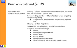Questions continued (2012)
6
What are the most
important technical skills?
Breaking a complex problem down into constituent parts and drivers,
then piecing it all back together again
Communicating via slides – not PowerPoint per se, but compelling,
insightful story-telling
• Using Thinkcell, Bain Wizard etc makes drawing the charts
easy…
Stepping back from the problem
Storyboarding your slides before jumping into PowerPoint
Navigating your firm’s knowledge
• Intranet
• Knowledge management teams
• Practice teams
• Industry primers
• Identifying suitable frameworks
• Online training (eg ‘how to get up to speed’ training)
 