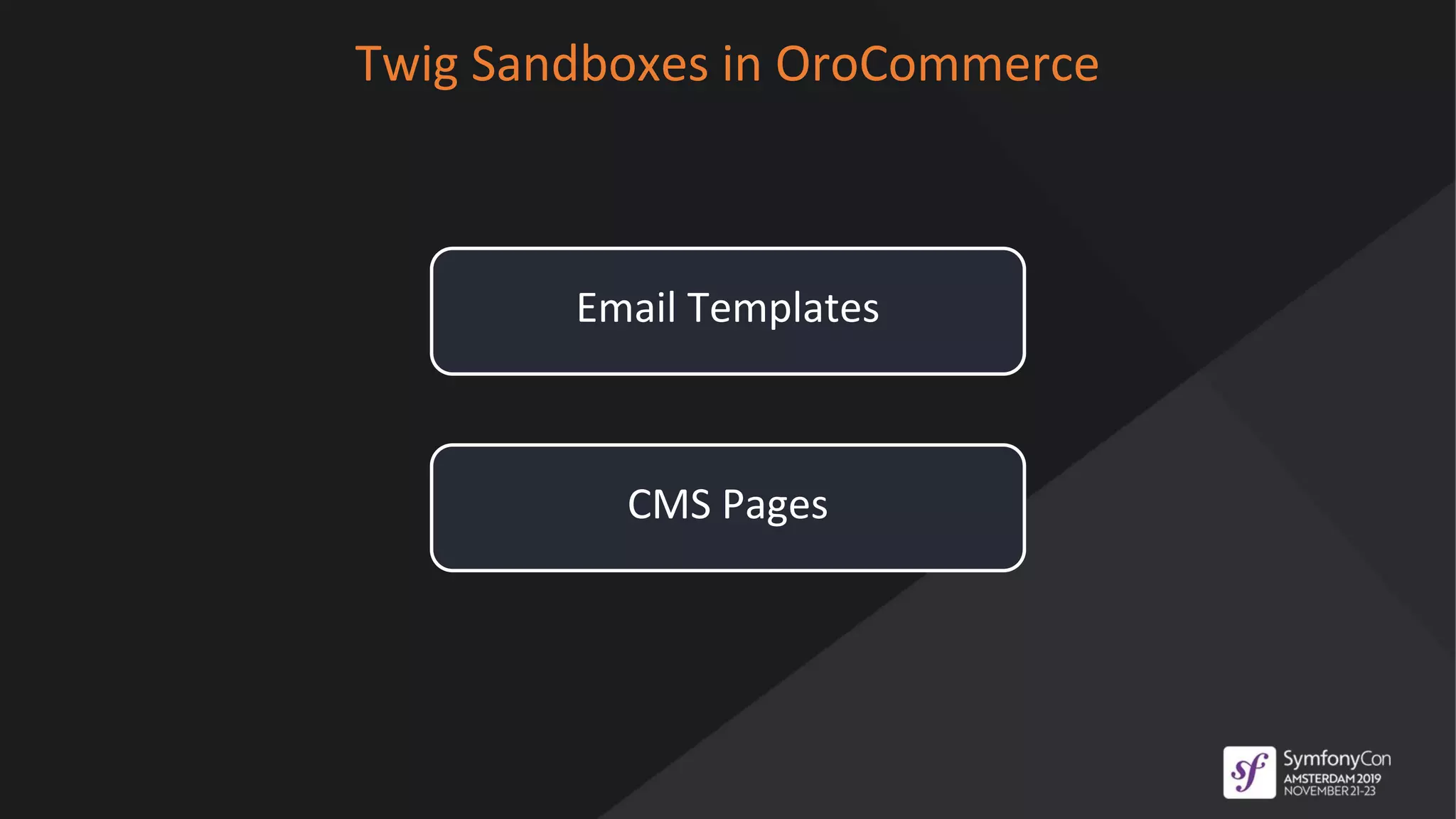 Twig Sandboxes in OroCommerce
Email Templates
CMS Pages
 