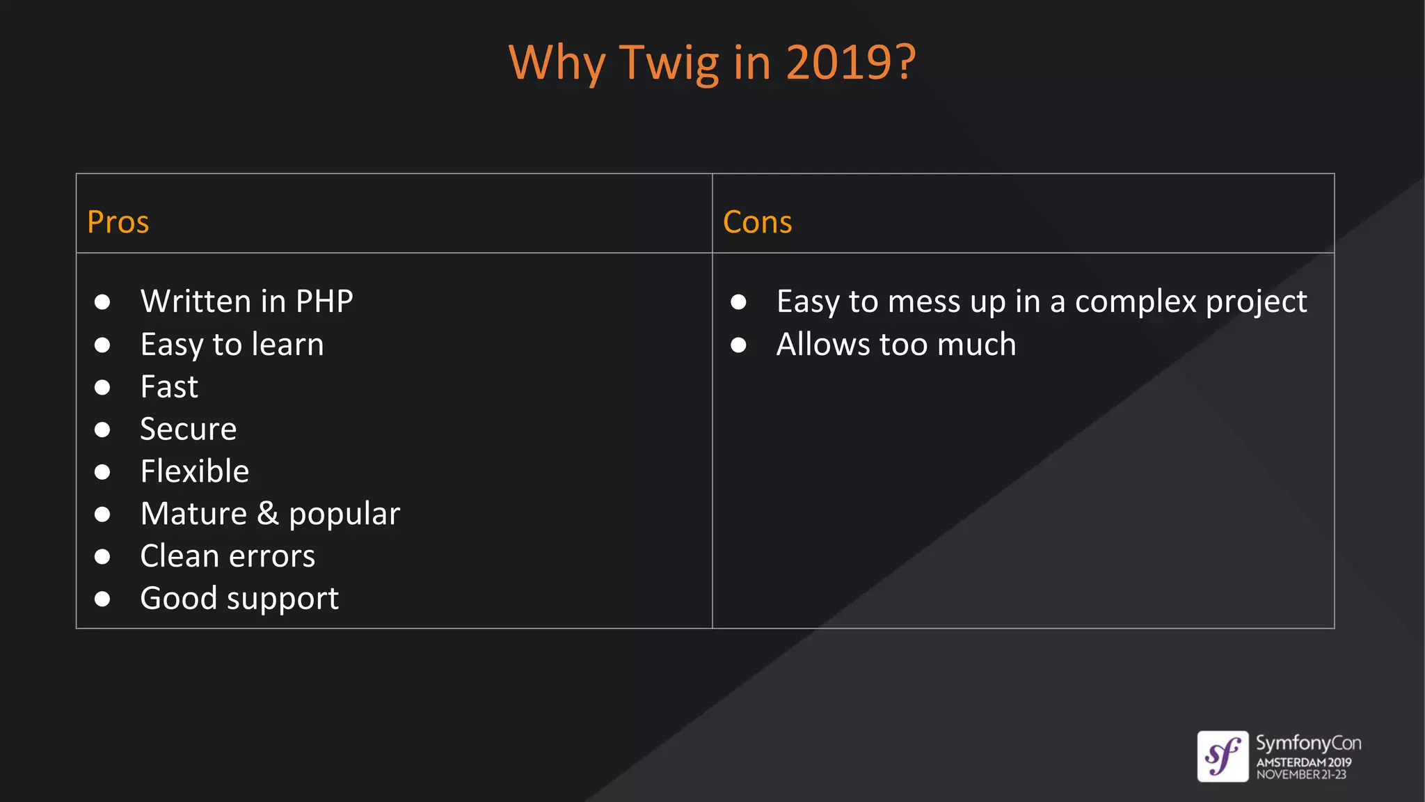 Why Twig in 2019?
Pros Cons
● Written in PHP
● Easy to learn
● Fast
● Secure
● Flexible
● Mature & popular
● Clean errors
● Good support
● Easy to mess up in a complex project
● Allows too much
 