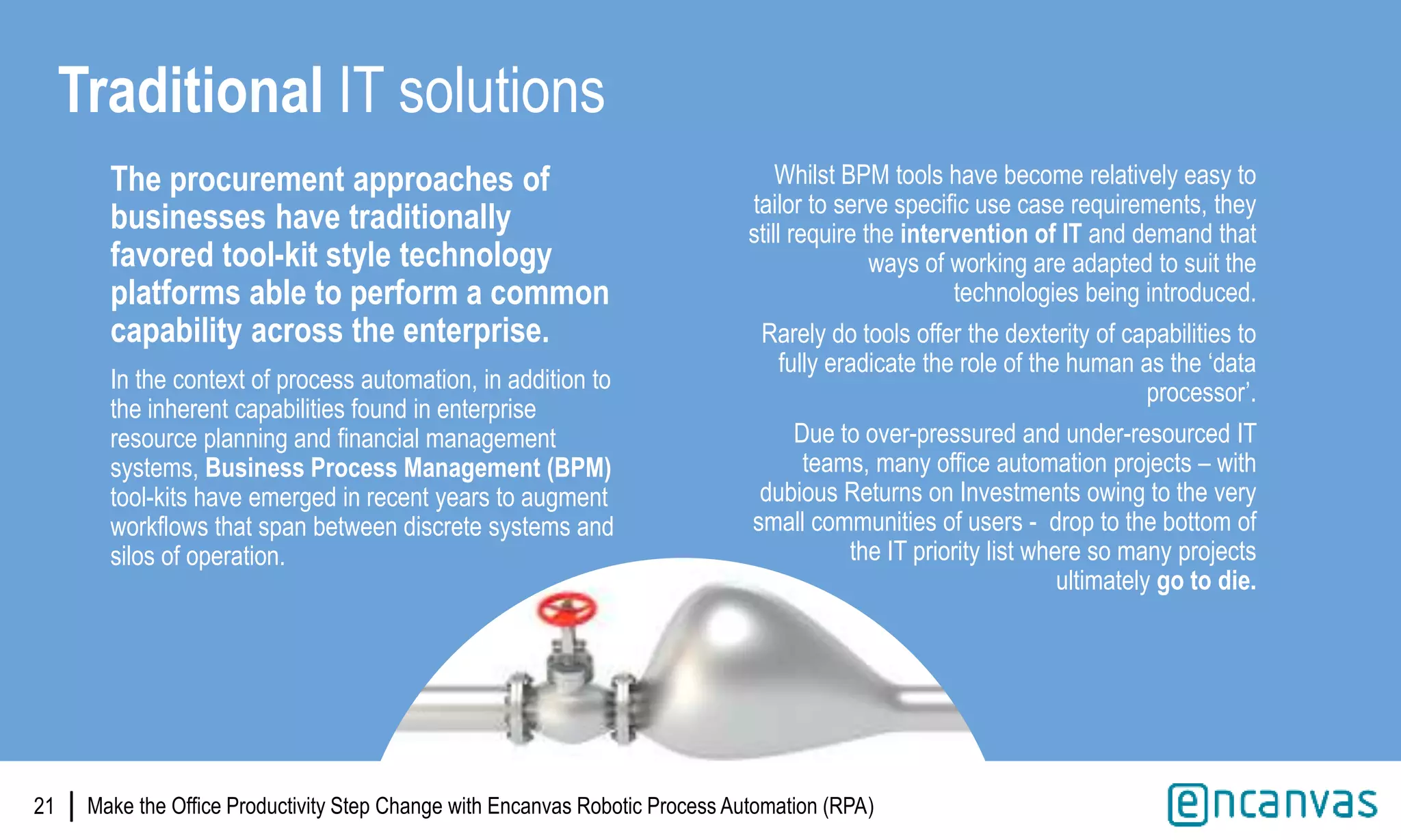 |
Traditional IT solutions
The procurement approaches of
businesses have traditionally
favored tool-kit style technology
platforms able to perform a common
capability across the enterprise.
In the context of process automation, in addition to
the inherent capabilities found in enterprise
resource planning and financial management
systems, Business Process Management (BPM)
tool-kits have emerged in recent years to augment
workflows that span between discrete systems and
silos of operation.
Whilst BPM tools have become relatively easy to
tailor to serve specific use case requirements, they
still require the intervention of IT and demand that
ways of working are adapted to suit the
technologies being introduced.
Rarely do tools offer the dexterity of capabilities to
fully eradicate the role of the human as the ‘data
processor’.
Due to over-pressured and under-resourced IT
teams, many office automation projects – with
dubious Returns on Investments owing to the very
small communities of users - drop to the bottom of
the IT priority list where so many projects
ultimately go to die.
Make the Office Productivity Step Change with Encanvas Robotic Process Automation (RPA)21 |
 