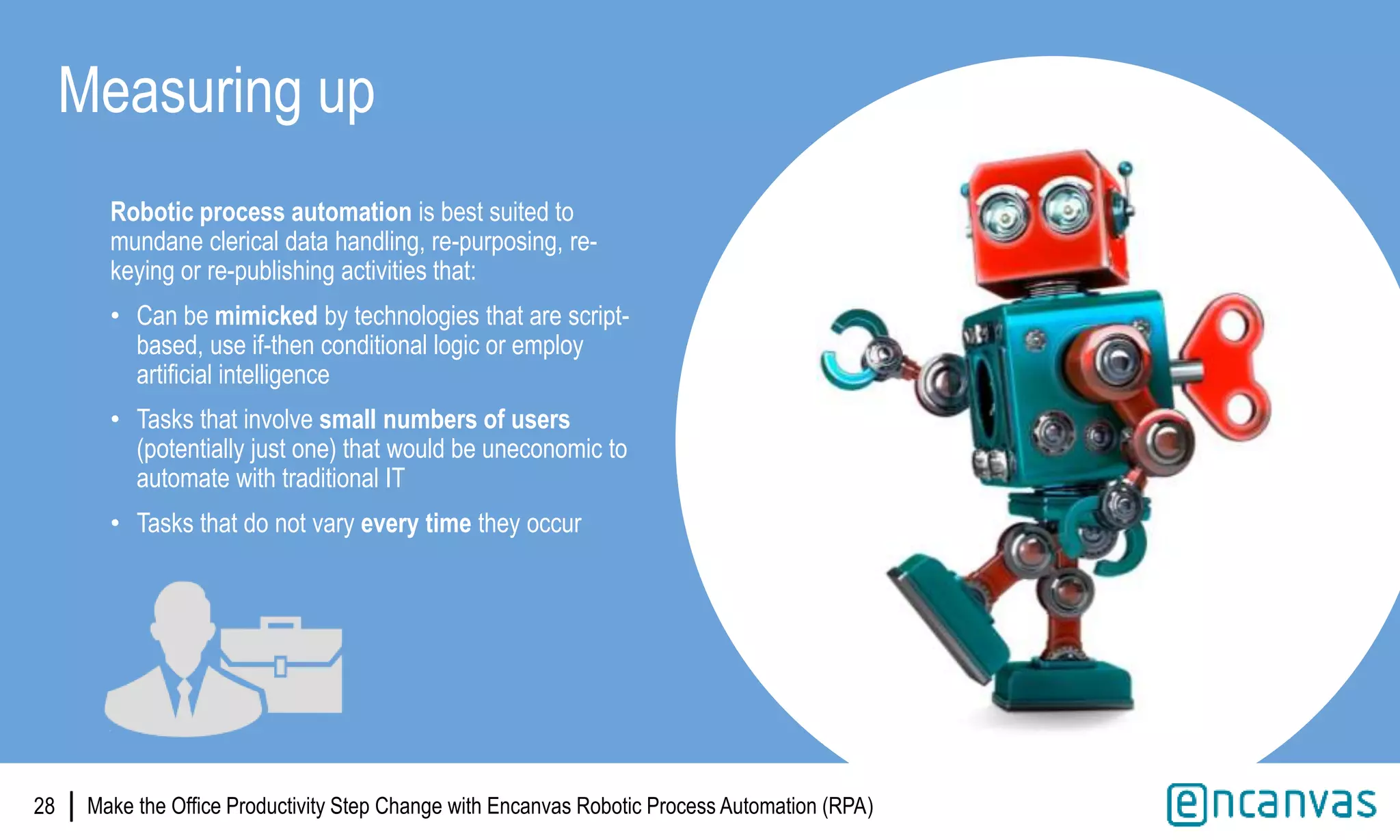 |
Robotic process automation is best suited to
mundane clerical data handling, re-purposing, re-
keying or re-publishing activities that:
• Can be mimicked by technologies that are script-
based, use if-then conditional logic or employ
artificial intelligence
• Tasks that involve small numbers of users
(potentially just one) that would be uneconomic to
automate with traditional IT
• Tasks that do not vary every time they occur
28
Measuring up
Make the Office Productivity Step Change with Encanvas Robotic Process Automation (RPA)
 