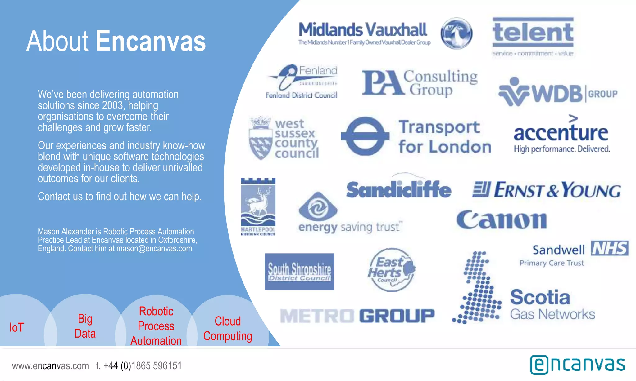 |
We’ve been delivering automation
solutions since 2003, helping
organisations to overcome their
challenges and grow faster.
Our experiences and industry know-how
blend with unique software technologies
developed in-house to deliver unrivalled
outcomes for our clients.
Contact us to find out how we can help.
Mason Alexander is Robotic Process Automation
Practice Lead at Encanvas located in Oxfordshire,
England. Contact him at mason@encanvas.com
About Encanvas
www.encanvas.com t. +44 (0)1865 596151
IoT
Big
Data
Robotic
Process
Automation
Cloud
Computing
 