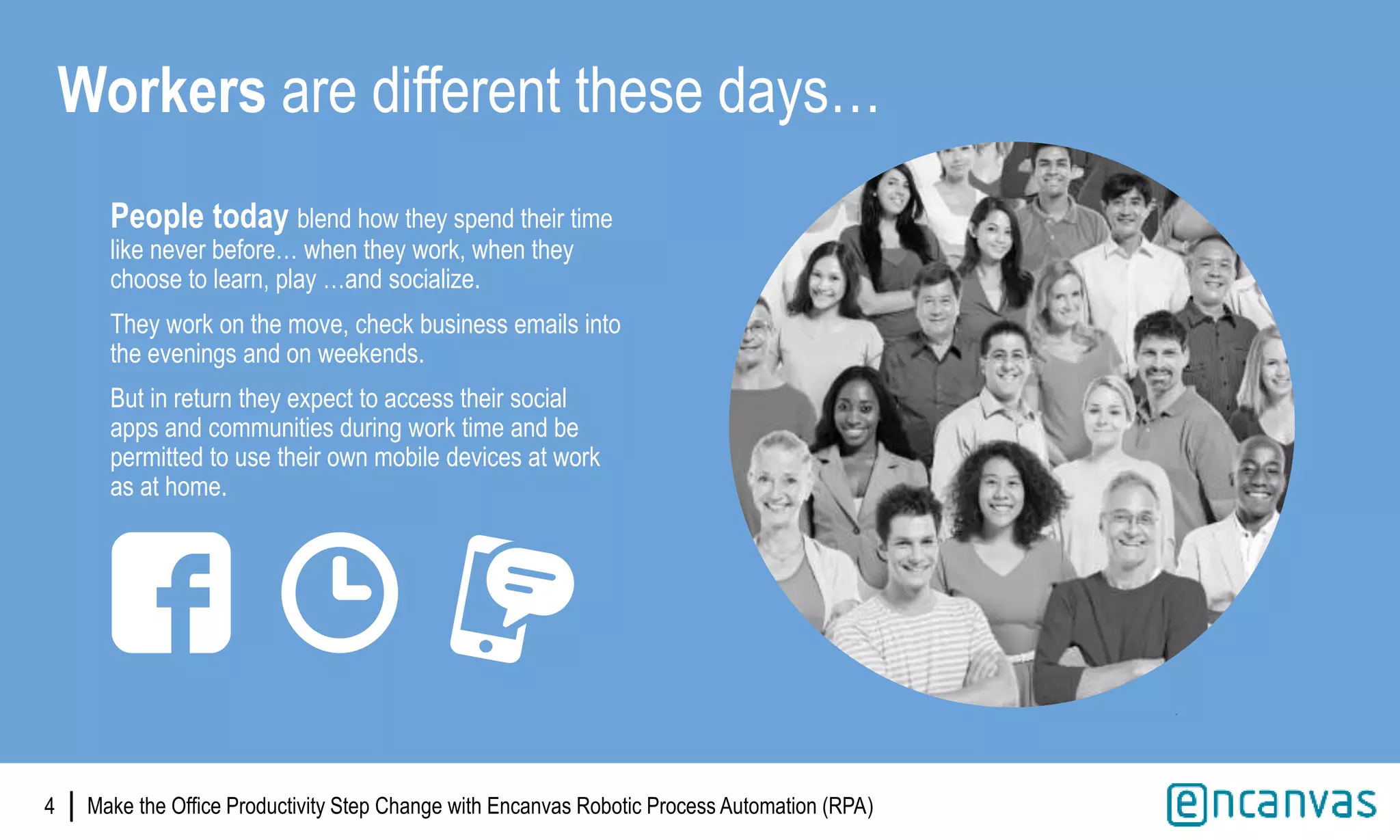 |4
Workers are different these days…
People today blend how they spend their time
like never before… when they work, when they
choose to learn, play …and socialize.
They work on the move, check business emails into
the evenings and on weekends.
But in return they expect to access their social
apps and communities during work time and be
permitted to use their own mobile devices at work
as at home.
Make the Office Productivity Step Change with Encanvas Robotic Process Automation (RPA)
 