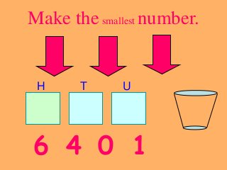 Make the smallest number. 
H T U 
6 4 0 1 
 