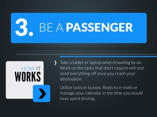 3.

BE A PASSENGER

HOW IT

WORKS

Take a tablet or laptop when traveling by air.
Work on the tasks that don’t require wiﬁ and
send everything off once you reach your
destination.
Utilize taxis or busses. Reply to e-mails or
manage your calendar in the time you would
have spent driving.

 