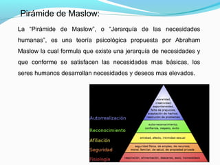 Pirámide de Maslow:
La “Pirámide de Maslow”, o “Jerarquía de las necesidades
humanas”, es una teoría psicológica propuesta por Abraham
Maslow la cual formula que existe una jerarquía de necesidades y
que conforme se satisfacen las necesidades mas básicas, los
seres humanos desarrollan necesidades y deseos mas elevados.
 