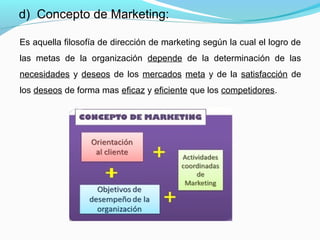 Es aquella filosofía de dirección de marketing según la cual el logro de
las metas de la organización depende de la determinación de las
necesidades y deseos de los mercados meta y de la satisfacción de
los deseos de forma mas eficaz y eficiente que los competidores.
d) Concepto de Marketing:
 