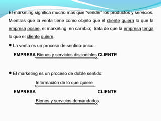 El marketing significa mucho mas que “vender” los productos y servicios.
Mientras que la venta tiene como objeto que el cliente quiera lo que la
empresa posee, el marketing, en cambio; trata de que la empresa tenga
lo que el cliente quiere.
La venta es un proceso de sentido único:
EMPRESA Bienes y servicios disponibles CLIENTE
El marketing es un proceso de doble sentido:
Información de lo que quiere
EMPRESA CLIENTE
Bienes y servicios demandados
 