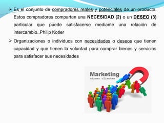  Es el conjunto de compradores reales y potenciales de un producto.
Estos compradores comparten una NECESIDAD (2) o un DESEO (3)
particular que puede satisfacerse mediante una relación de
intercambio..Philip Kotler
 Organizaciones o individuos con necesidades o deseos que tienen
capacidad y que tienen la voluntad para comprar bienes y servicios
para satisfacer sus necesidades
 