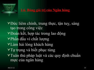1.6. Bảng giá trị của Ngân hàng


 Đức liêm chính, trung thực, tận tuỵ, sáng
  tạo trong công việc
 Đoàn kết, hợp tác trong lao động
 Phấn đấu vì chất lượng
 Làm hài lòng khách hàng
 Tự trọng và biết phục tùng
 Tuân thủ pháp luật và các quy định chuẩn
  mực của ngân hàng
04/21/12                                      33
 