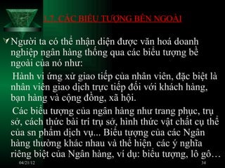 1.7. CÁC BIỂU TƯỢNG BÊN NGOÀI

 Người ta có thể nhận diện được văn hoá doanh
 nghiệp ngân hàng thống qua các biểu tượng bề
 ngoài của nó như:
 Hành vi ứng xử giao tiếp của nhân viên, đặc biệt là
 nhân viên giao dịch trực tiếp đối với khách hàng,
 bạn hàng và cộng đồng, xã hội.
 Các biểu tượng của ngân hàng như trang phục, trụ
 sở, cách thức bài trí trụ sở, hình thức vật chất cụ thể
 của sn phẩm dịch vụ... Biểu tượng của các Ngân
 hàng thường khác nhau và thể hiện các ý nghĩa
 riêng biệt của Ngân hàng, ví dụ: biểu tượng, lô gô…
   04/21/12                                       34
 