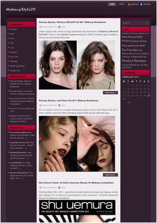 HOME        ABOUT           RSS FEED          TWITTER




                               Runway Beauty: Rebecca Minkoff Fall 2011 Makeup Breakdown                           Search
CATEGORIES
                                  February 25th, 2011   admin
Cheeks                                                                                                             TAGS
                               Urban Gypsy with a twist of edgy bohemian was the theme at Rebecca Minkoff
Eyes                                                                                                              Articles & Reviews Beauty Haul
                               Fall 2011 which is why Sarah Lucero working for Stila Cosmetics gave models a 
                               strong eye with barely-there lips.                                                 Daily Beauty Daily
Face
                                                                                                                  Photo Drugstore Beauty
Hair
                                                                                                                  Finds guest post Just
Lips
                                                                                                                  For Fun MAC MAC
Makeup
                                                                                                                  Makeup Make Up For Ever Makeup
Skin Care                                                                                                         Tips/How To Nails NARS nyx

Tutorials                                                                                                         Product Reviews
                                                                                                                  Products Reviews tabs The Blog
Wedding Makeup
                                                                                                                  Urban Decay
Weight loss
                                                                                                                   CALENDAR
RECENT POSTS                                                                                                       FEBRUARY 2011
Runway Beauty: Rebecca                                                                                             M     T      W    T        F   S    S
Minkoff Fall 2011 Makeup
                                                                                                                         1       2    3       4   5    6
Breakdown
                                                                                                                    7    8       9   10 11 12 13
Runway Beauty: Lela Rose
                                                                                                Read More »        14 15 16 17 18 19 20
Fall 2011 Makeup Breakdown
                                                                                                                   21 22 23 24 25 26 27
Shu Uemura Hosts 1st North                                                                                         28                      
American Beauty Art Makeup     Runway Beauty: Lela Rose Fall 2011 Makeup Breakdown
                                                                                                                        « Jan                       
Competition
                                  February 25th, 2011   admin
How to Curl Your Lashes like
                               For a modern twist on vintage Hollywood glam at the Lela Rose Fall 2011
a Pro
                               show ,Sarah Lucero for Stila Cosmetics paired bold red lips with soft eyes.
Makeup Tutorial: How To
Create Simple Colorful Eye
Makeup For Spring


ADVERTISING

free walmart giftcard: My
brother recommended I might
like this web site.... »

Dedicated server host: Nice
site you have here… though I
have a question ... »

Building Backlinks: I was
honestly amazed with how
well this blog was ... »

Link Building: You make
blogging look like a walk in
the park! I'... »

Damien Shackelford: I truly
appreciate this post.Thanks                                                                     Read More »
Again. Cool.... »

                               Shu Uemura Hosts 1st North American Beauty Art Makeup Competition

                                  February 25th, 2011   admin

                               Starting March 8th, 2011, upcoming industry talent and aspiring makeup artists
                               can register for a chance to participate in Shu Uemura’s 1st North American
                               Beauty Art Makeup Competition.
 