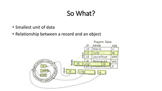 So What?
• Smallest unit of data
• Relationship between a record and an object
 