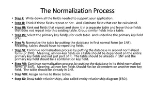 The Normalization Process
• Step I: Write down all the fields needed to support your application.
• Step II: Think if these fields repeat or not. And eliminate fields that can be calculated.
• Step III: Yank out fields that repeat and store it in a separate table and leave those fields
that does not repeat into this existing table. Group similar fields into a table.
• Step IV: Select the primary key field(s) for each table. And underline the primary key field
(PK).
• Step V: Normalize the table by putting the database in first normal form (or 1NF).
Meaning, tables should have no repeating fields.
• Step VI: Continue normalization process by putting the database in second normalized
form (or 2NF). Meaning, all non-key fields on a table should be dependent on the entire
primary key fields and not just part of it. The table should be already in 1NF and the
primary key field should be a combination key field.
• Step VII: Continue normalization process by putting the database in its third normalized
form (or 3NF). Meaning, all non-key fields should not be dependent on another non-key
field. The table should be already in 2NF.
• Step VIII: Assign names to these tables.
• Step IX: Draw table relationships, also called entity relationship diagram (ERD).
 