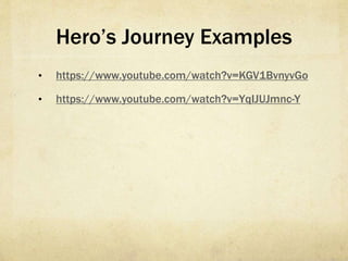 Hero’s Journey Examples
•  https://www.youtube.com/watch?v=KGV1BvnyvGo
•  https://www.youtube.com/watch?v=YqIJUJmnc-Y
 