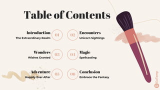 Table of Contents
Introduction
The Extraordinary Realm
01 02
Encounters
Unicorn Sightings
Wonders
Wishes Granted
03 04
Magic
Spellcasting
Adventure
Happily Ever After
05 06
Conclusion
Embrace the Fantasy
 
