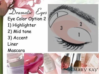 Dramatic Eyes 
Eye Color Option 2 
1) Highlighter 
2) Mid tone 
3) Accent 
Liner 
Mascara 
 