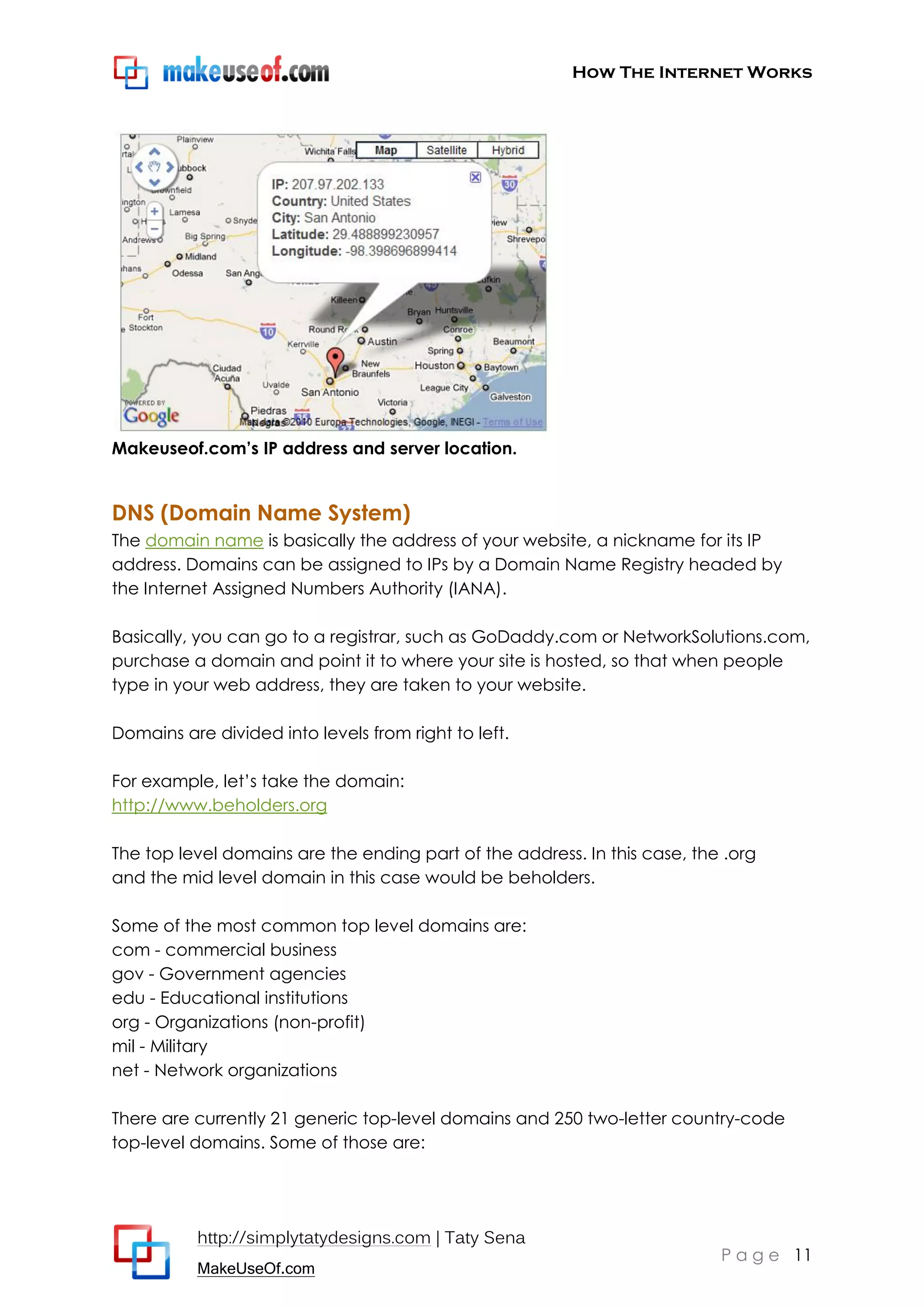 How The Internet Works
http://simplytatydesigns.com | Taty Sena
MakeUseOf.com
P a g e 11
Makeuseof.com’s IP address and server location.
DNS (Domain Name System)
The domain name is basically the address of your website, a nickname for its IP
address. Domains can be assigned to IPs by a Domain Name Registry headed by
the Internet Assigned Numbers Authority (IANA).
Basically, you can go to a registrar, such as GoDaddy.com or NetworkSolutions.com,
purchase a domain and point it to where your site is hosted, so that when people
type in your web address, they are taken to your website.
Domains are divided into levels from right to left.
For example, let’s take the domain:
http://www.beholders.org
The top level domains are the ending part of the address. In this case, the .org
and the mid level domain in this case would be beholders.
Some of the most common top level domains are:
com - commercial business
gov - Government agencies
edu - Educational institutions
org - Organizations (non-profit)
mil - Military
net - Network organizations
There are currently 21 generic top-level domains and 250 two-letter country-code
top-level domains. Some of those are:
 