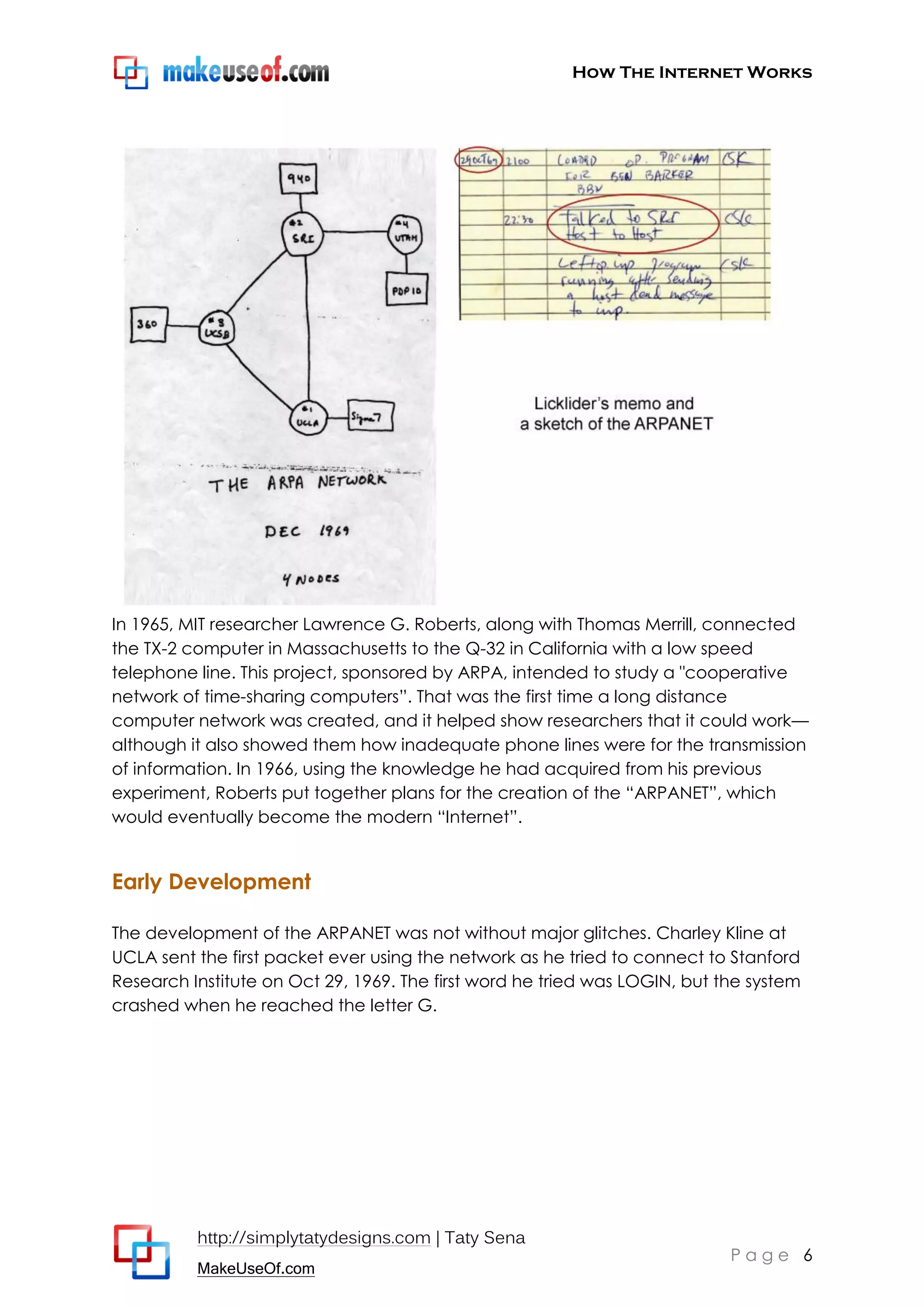How The Internet Works
http://simplytatydesigns.com | Taty Sena
MakeUseOf.com
P a g e 6
In 1965, MIT researcher Lawrence G. Roberts, along with Thomas Merrill, connected
the TX-2 computer in Massachusetts to the Q-32 in California with a low speed
telephone line. This project, sponsored by ARPA, intended to study a "cooperative
network of time-sharing computers‖. That was the first time a long distance
computer network was created, and it helped show researchers that it could work—
although it also showed them how inadequate phone lines were for the transmission
of information. In 1966, using the knowledge he had acquired from his previous
experiment, Roberts put together plans for the creation of the ―ARPANET‖, which
would eventually become the modern ―Internet‖.
Early Development
The development of the ARPANET was not without major glitches. Charley Kline at
UCLA sent the first packet ever using the network as he tried to connect to Stanford
Research Institute on Oct 29, 1969. The first word he tried was LOGIN, but the system
crashed when he reached the letter G.
 