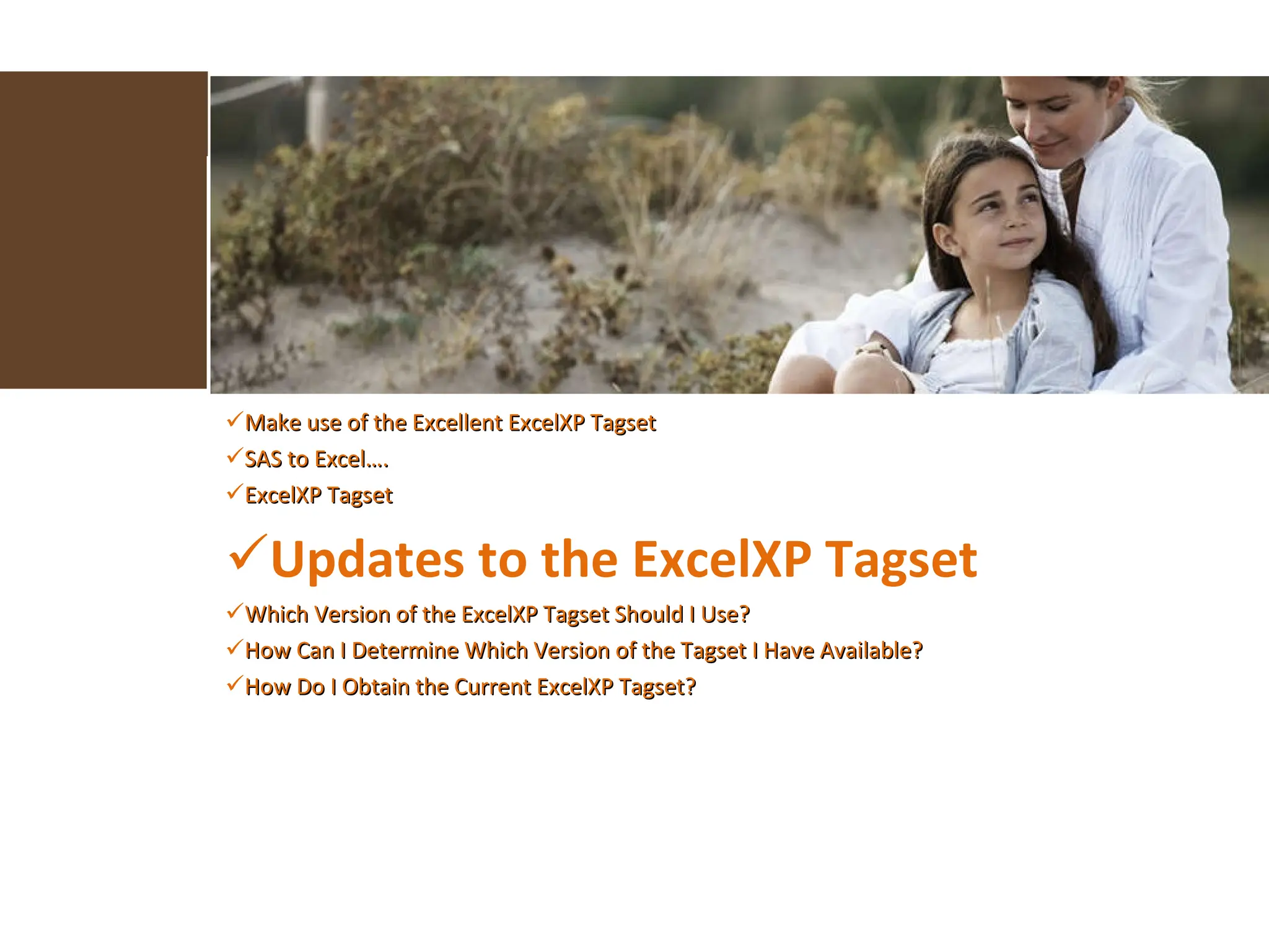 Make use of the Excellent ExcelXP Tagset  SAS to Excel…. ExcelXP Tagset Updates to the ExcelXP Tagset Which Version of the ExcelXP Tagset Should I Use? How Can I Determine Which Version of the Tagset I Have Available? How Do I Obtain the Current ExcelXP Tagset? 