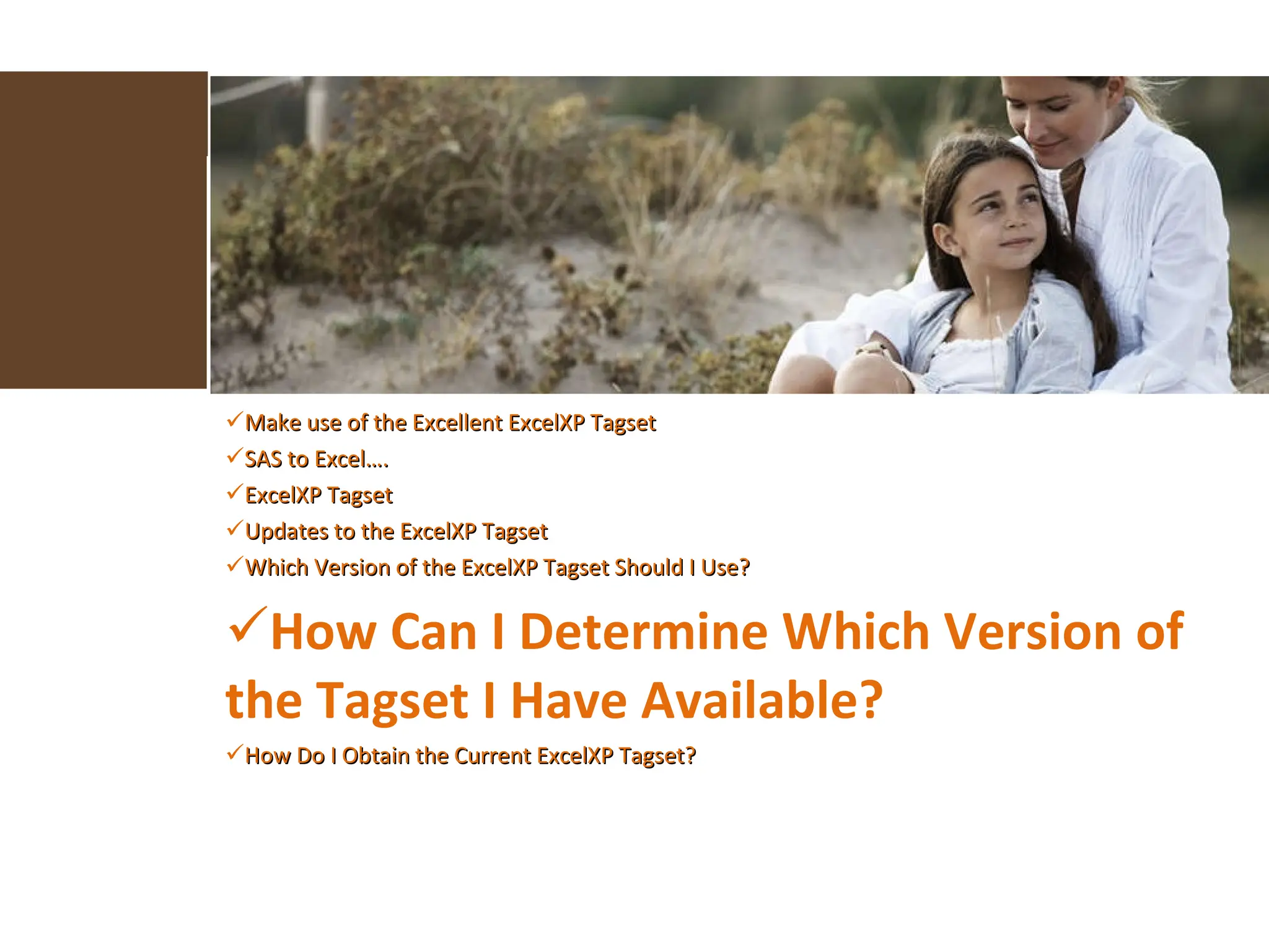 Make use of the Excellent ExcelXP Tagset  SAS to Excel…. ExcelXP Tagset Updates to the ExcelXP Tagset Which Version of the ExcelXP Tagset Should I Use? How Can I Determine Which Version of the Tagset I Have Available? How Do I Obtain the Current ExcelXP Tagset? 