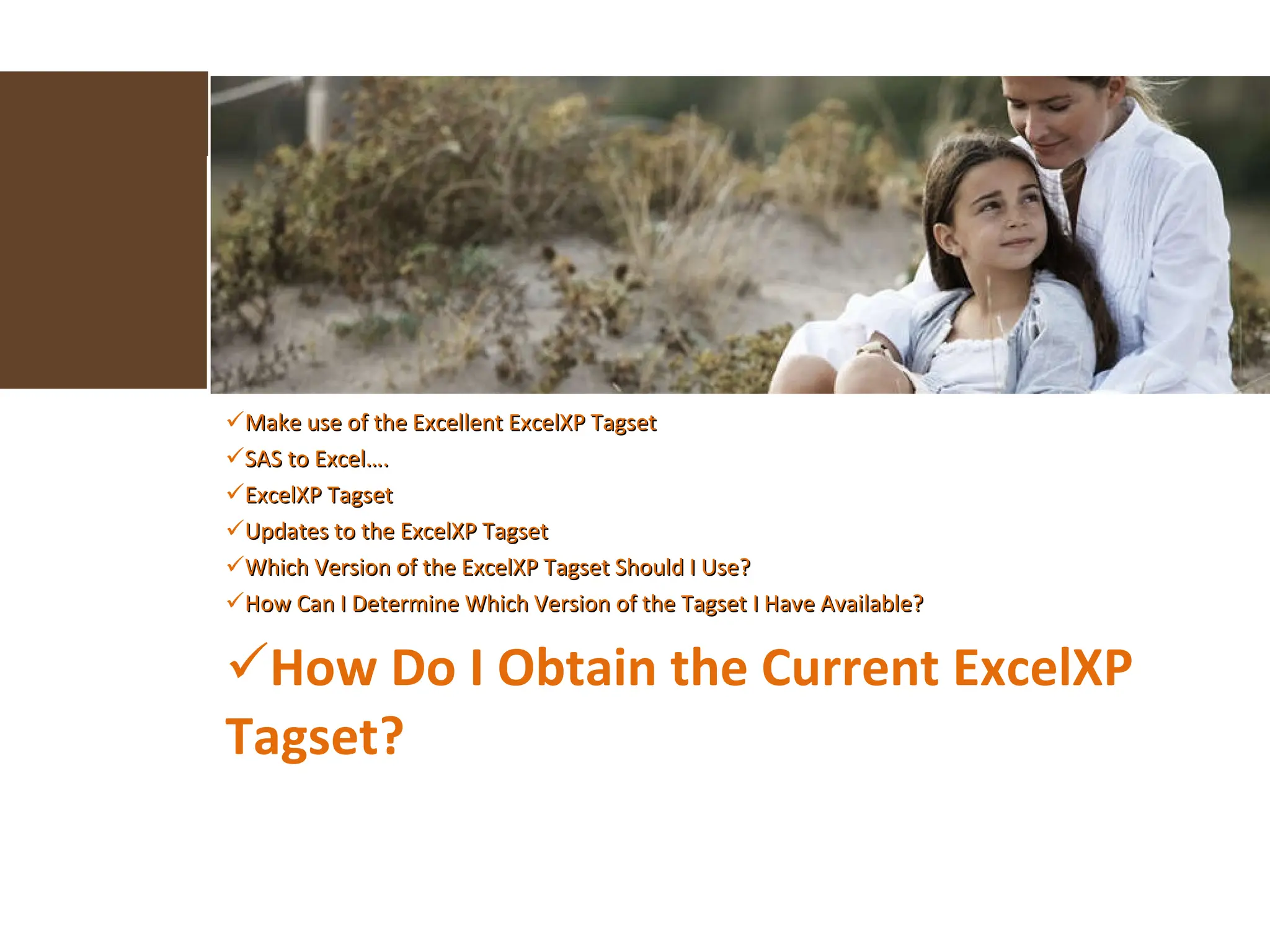 Make use of the Excellent ExcelXP Tagset  SAS to Excel…. ExcelXP Tagset Updates to the ExcelXP Tagset Which Version of the ExcelXP Tagset Should I Use? How Can I Determine Which Version of the Tagset I Have Available? How Do I Obtain the Current ExcelXP Tagset? 