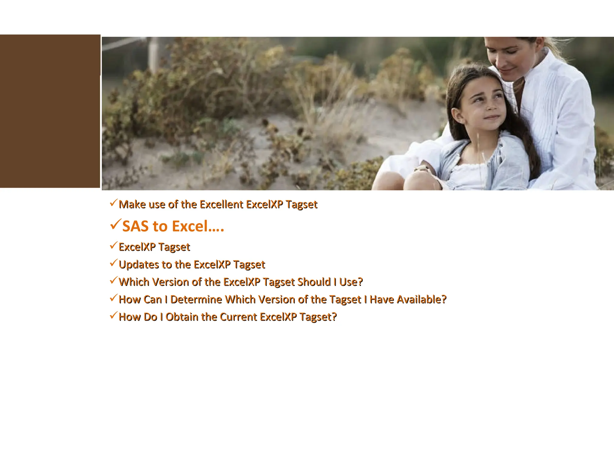 Make use of the Excellent ExcelXP Tagset   SAS to Excel…. ExcelXP Tagset Updates to the ExcelXP Tagset Which Version of the ExcelXP Tagset Should I Use? How Can I Determine Which Version of the Tagset I Have Available? How Do I Obtain the Current ExcelXP Tagset? 