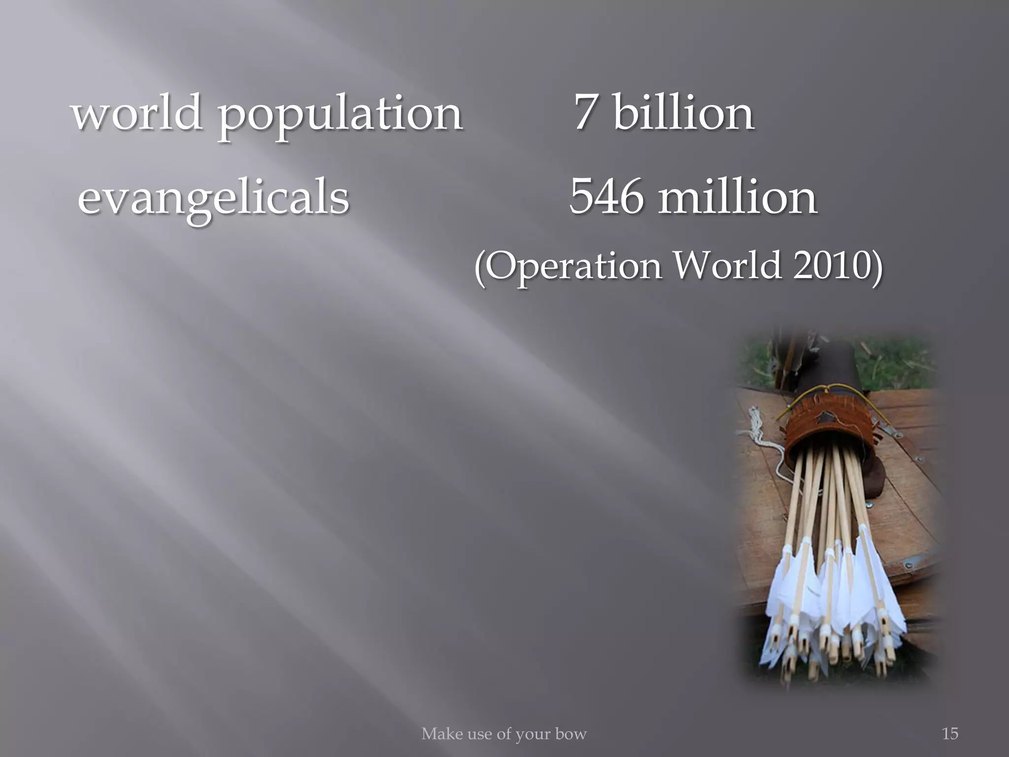 15Make use of your bow
world population 7 billion
evangelicals 546 million
(Operation World 2010)
 