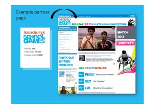 Example	
  partner	
  
page	
  




     Schools	
  200	
  
     Page	
  views	
  17,500	
  
     Unique	
  visits	
  10,000	
  
 