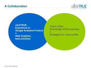 Private & Confidential
A Collaboration
clickTRUE:
Experience in
Google Analytics Product
+
Web Analytics
best practices
Client (YOU):
Knowledge of the business
+
Strategies for more profits
 