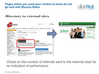 Private & Confidential
Directory to external sites
Check on the number of referrals sent to the external sites for
an indication of performance
Pages where you want your visitors to leave do not
go well with Bounce Rates
 