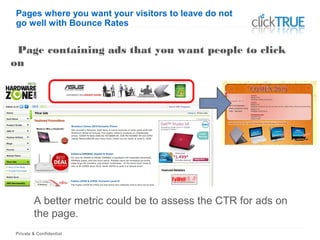 Private & Confidential
Page containing ads that you want people to click
on
A better metric could be to assess the CTR for ads on
the page.
Pages where you want your visitors to leave do not
go well with Bounce Rates
 