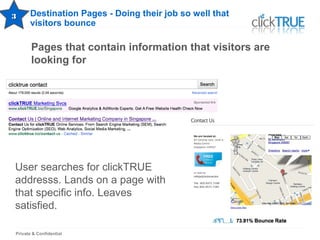 Private & Confidential
Destination Pages - Doing their job so well that
visitors bounce
Pages that contain information that visitors are
looking for
User searches for clickTRUE
addresss. Lands on a page with
that specific info. Leaves
satisfied.
33
 