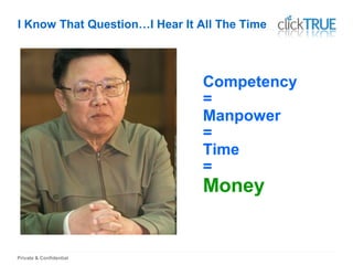 Private & Confidential
I Know That Question…I Hear It All The Time
Competency
=
Manpower
=
Time
=
Money
 